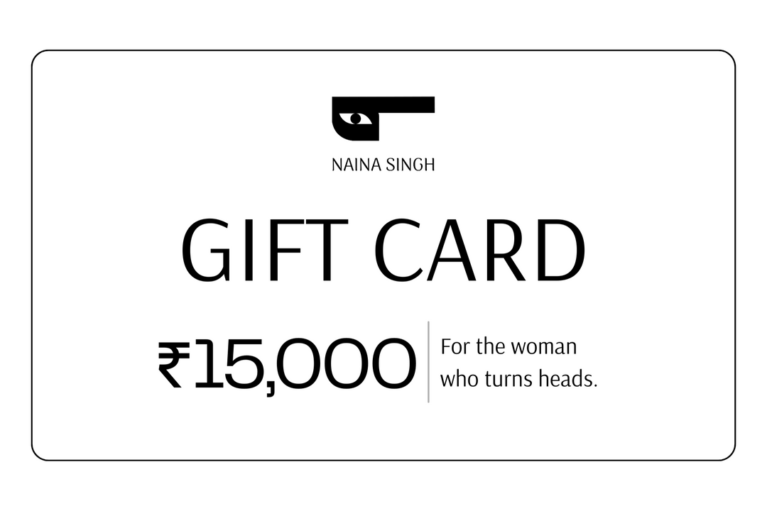Gift card with Naina Singh branding and a value of ₹15,000 on a white background.