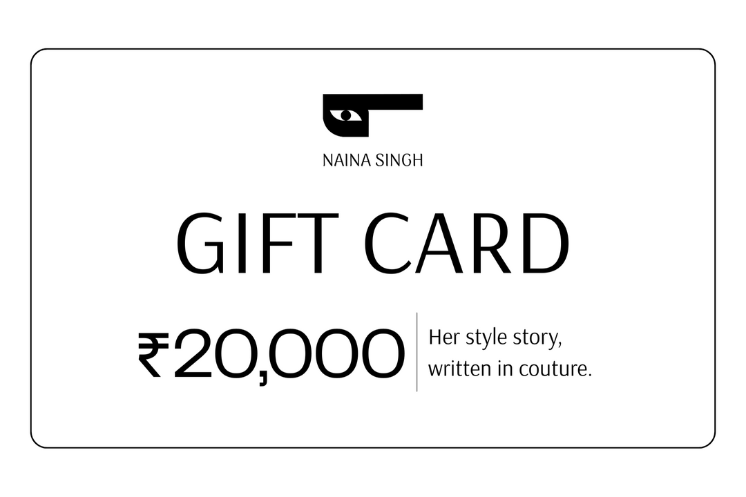 Gift card with Naina Singh branding and ₹20,000 value on a white background