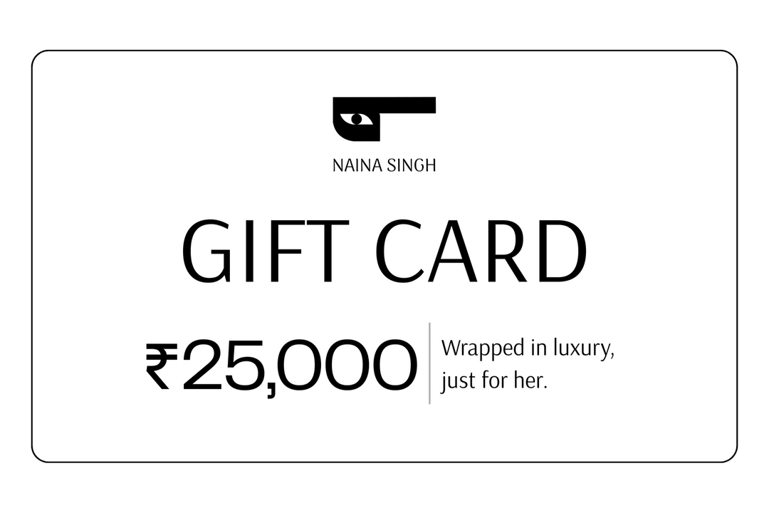Gift card with Naina Singh branding and a value of ₹25,000 on a white background
